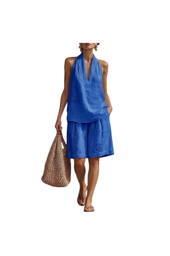 Women's 2 Piece Short Sets Linen Sleeve V Neck Halter Matching Short Suit Summer Casual Oversized Outfits Blue XL