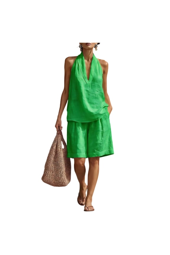 Women's 2 Piece Short Sets Linen Sleeve V Neck Halter Matching Short Suit Summer Casual Oversized Outfits Green L