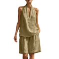 thumbnail image 1 of Women's 2 Piece Short Sets Linen Sleeve V Neck Halter Matching Short Suit Summer Casual Oversized Outfits Khaki L(L), 1 of 6