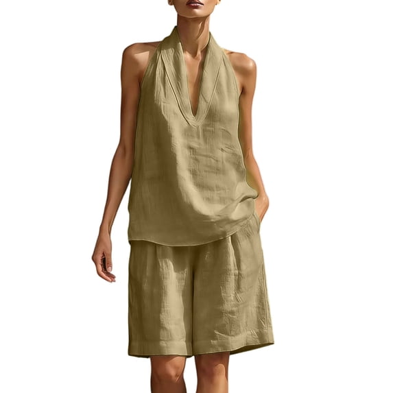 Women's 2 Piece Short Sets Linen Sleeve V Neck Halter Matching Short Suit Summer Casual Oversized Outfits Khaki L(L)