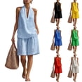 thumbnail image 1 of Women's 2 Piece Short Sets Linen Sleeve V Neck Halter Matching Short Suit Summer Casual Oversized Outfits Light Blue L, 1 of 6