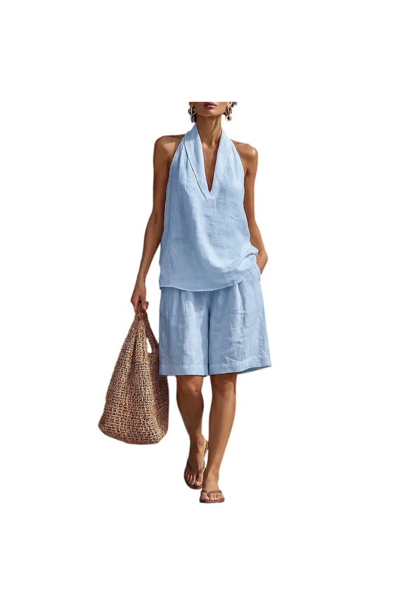 Women's 2 Piece Short Sets Linen Sleeve V Neck Halter Matching Short Suit Summer Casual Oversized Outfits Light Blue M