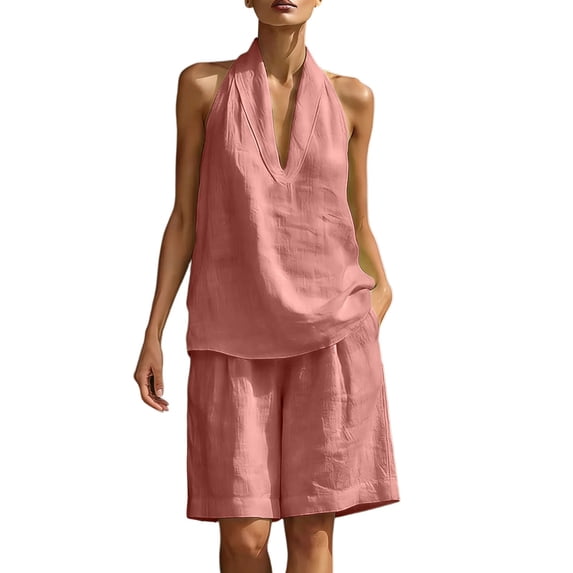 Women's 2 Piece Short Sets Linen Sleeve V Neck Halter Matching Short Suit Summer Casual Oversized Outfits Pink S(S)