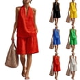 thumbnail image 1 of Women's 2 Piece Short Sets Linen Sleeve V Neck Halter Matching Short Suit Summer Casual Oversized Outfits Red S, 1 of 6