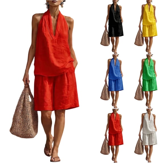Women's 2 Piece Short Sets Linen Sleeve V Neck Halter Matching Short Suit Summer Casual Oversized Outfits Red S