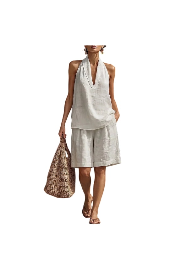 Women's 2 Piece Short Sets Linen Sleeve V Neck Halter Matching Short Suit Summer Casual Oversized Outfits White L