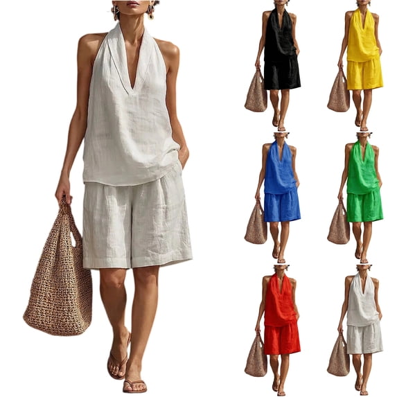 Women's 2 Piece Short Sets Linen Sleeve V Neck Halter Matching Short Suit Summer Casual Oversized Outfits White XL