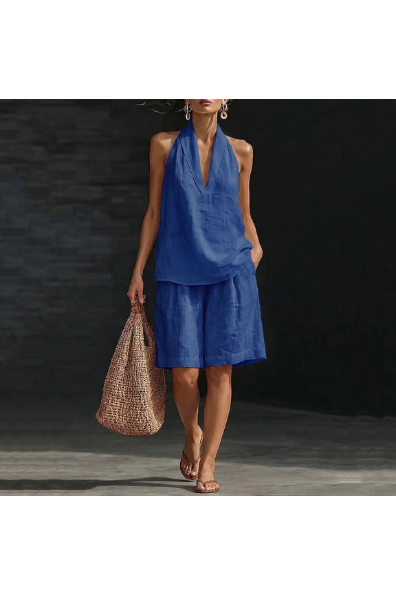 Women's 2 Piece Short Sets Linen Sleeve V Neck Halter Matching Short Suit Summer Casual Oversized Outfits