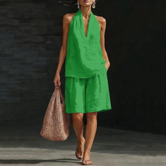 Women's 2 Piece Short Sets Linen Sleeve V Neck Halter Matching Short Suit Summer Casual Oversized Outfits
