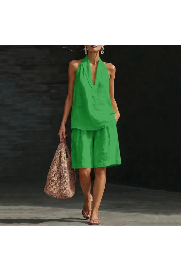 Women's 2 Piece Short Sets Linen Sleeve V Neck Halter Matching Short Suit Summer Casual Oversized Outfits
