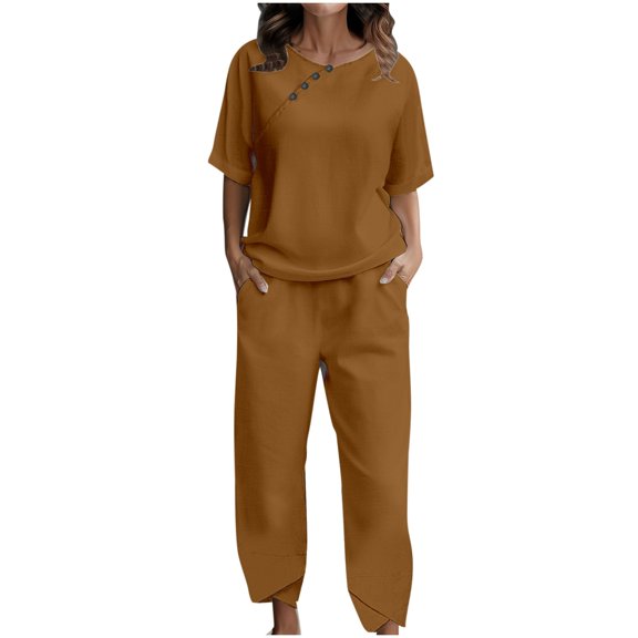 Women's 2-Piece Short Sleeve Button Solid T-Shirt Top and Long Pants Outfit - Polyester Spandex, Casual Summer Style