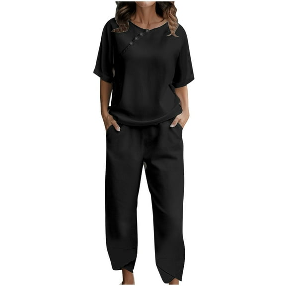 Women's 2-Piece Short Sleeve Button Solid T-Shirt Top and Long Pants Outfit - Polyester Spandex, Casual Summer Style
