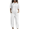 thumbnail image 1 of Women's 2-Piece Short Sleeve Button Solid T-Shirt Top and Long Pants Outfit - Polyester Spandex, Casual Summer Style, 1 of 6