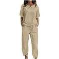 thumbnail image 1 of Women's 2-Piece Short Sleeve Button Solid T-Shirt Top and Long Pants Outfit - Polyester Spandex, Casual Summer Style, 1 of 6