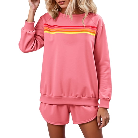 Women's 2 Piece Shorts Sets Fashion Rainbow Stripe Print Long Sleeve Sweatshirts Fall Winter Comfy Casual Loose Vacation Suits