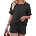 thumbnail image 1 of Women's 2 Piece Shorts Sets Knitted Short Sleeve Crewneck Top and Shorts Soft Summer Lounge Casual Clothing (XL, Black), 1 of 7