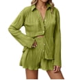 thumbnail image 1 of Women's 2 Piece Shorts Sets Pleated Button Down Long Sleeve Solid Color Shirt Outfits Summer Hawaiian Beach Vacation Loose Suits, 1 of 6