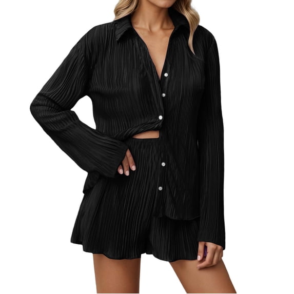Women's 2 Piece Shorts Sets Pleated Button Down Long Sleeve Solid Color Shirt Outfits Summer Hawaiian Beach Vacation Loose Suits