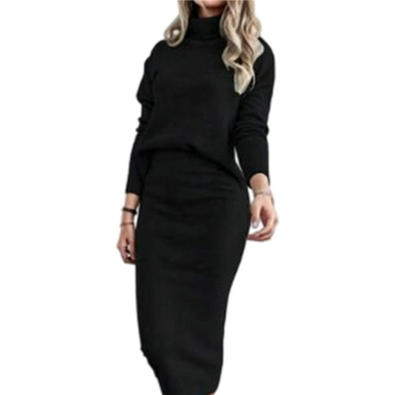 Women's 2 Piece Skirts Sets Sweater Long Sleeve Knit Tops Midi Skirt Travel Matching Outfits Fall Black L