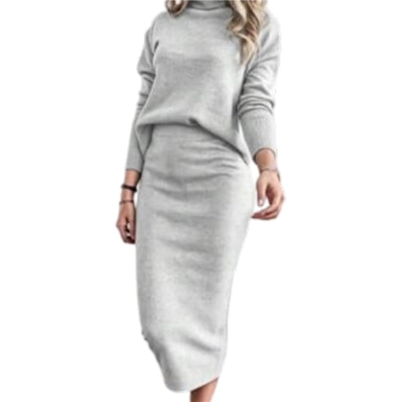 Women's 2 Piece Skirts Sets Sweater Long Sleeve Knit Tops Midi Skirt Travel Matching Outfits Fall Gray White XL