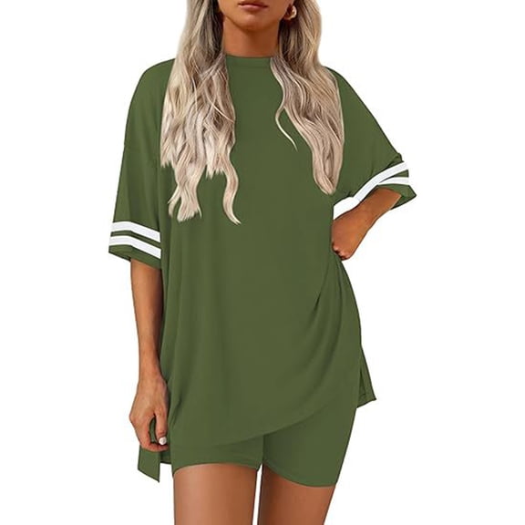 Women's 2 Piece Sleepwear Set Oversized Short Sleeve Lounge Top and Biker Shorts Soft Comfy Pajama Outfit 2026 Army Green S