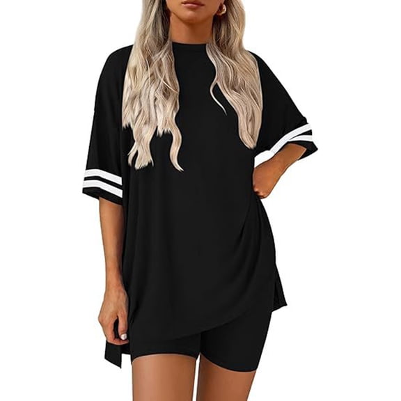 Women's 2 Piece Sleepwear Set Oversized Short Sleeve Lounge Top and Biker Shorts Soft Comfy Pajama Outfit 2026 Black S