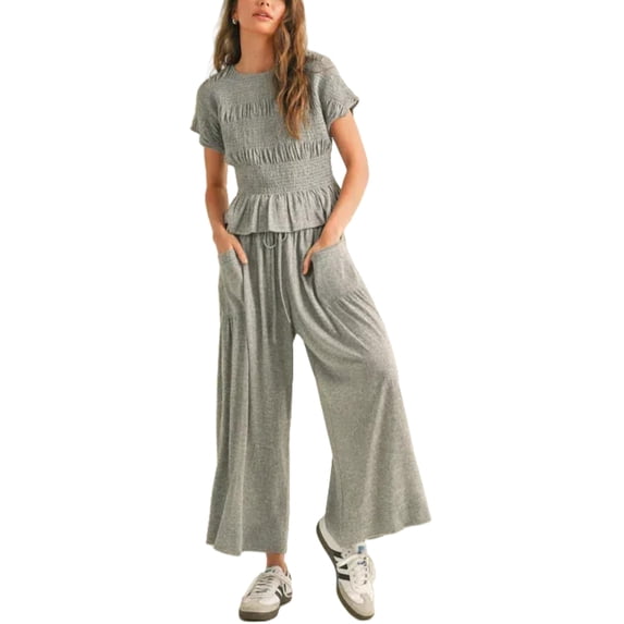 Women's 2 Piece Smocked Top Wide-Leg Pants Set High Waist Lounge Outfit Casual Boho Matching Set