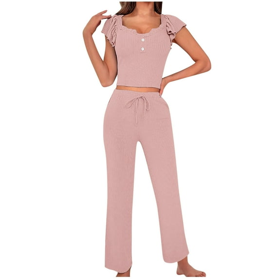 Women’s 2-Piece Soft Pajama Set Lace Trim Slim Fit Top with Ruffle Sleeves and Pants Loungewear Sleepwear
