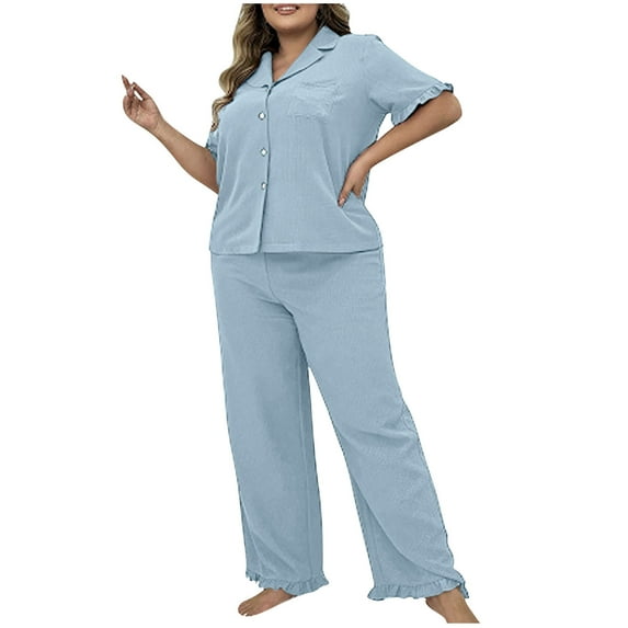 Women’s 2-Piece Soft Pajama Set Plus Size Sleep Shirts and Ruffle Wide Leg Sleep Pants Loose Fit Loungewear