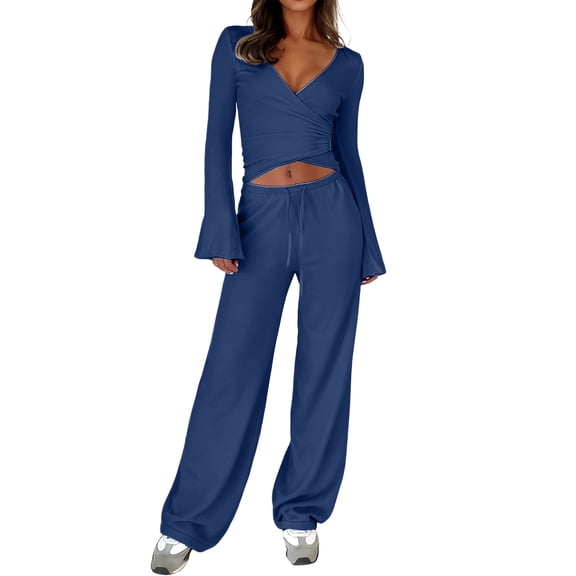 Women's 2 Piece Solid Color Casual Sportswear Long Pants Set, Comfortable and Stylish Everyday Outfit for Leisure Activities,Navy,S