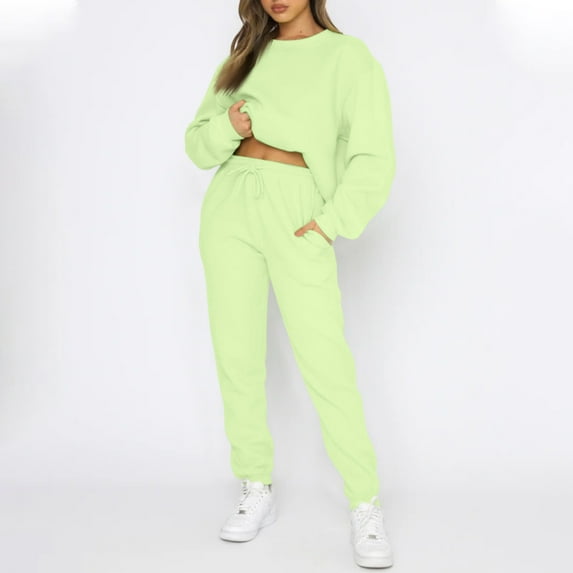 Women's 2 Piece Solid Color Casual Sportswear Long Pants Set Coordinated Comfort Outfit for Running Errands and Relaxing - Fluorescent Green L