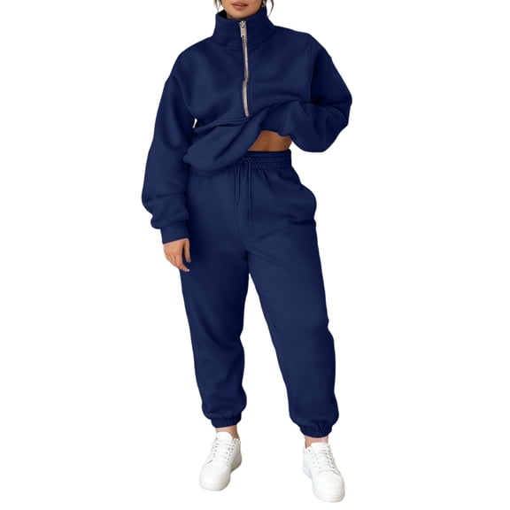 Women's 2 Piece Solid Color Casual Sportswear Long Pants Set Matching Hooded Top with Relaxed Fit Jogger Pants - Navy M