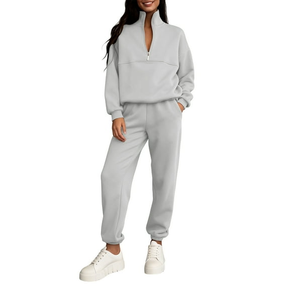 Women's 2 Piece Solid Color Casual Sportswear Long Pants Set Soft Hoodie and Stretchy Pants for Home and Casual Outings - Light Gray L