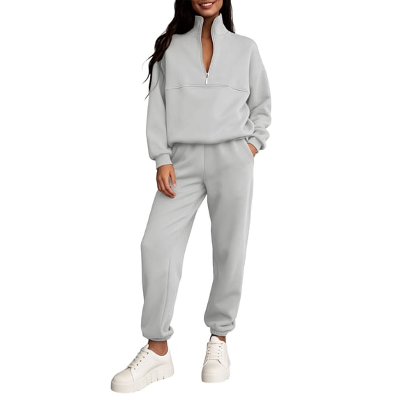 Women's 2 Piece Solid Color Casual Sportswear Long Pants Set Soft Hoodie and Stretchy Pants for Home and Casual Outings - Light Gray M