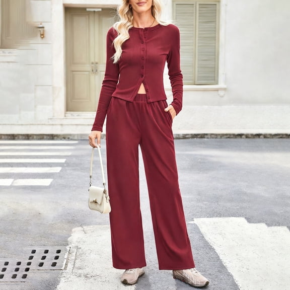 Women's 2 Piece Solid Color Casual Sportswear Long Pants Set Soft Hoodie and Stretchy Pants for Home and Casual Outings,Wine S