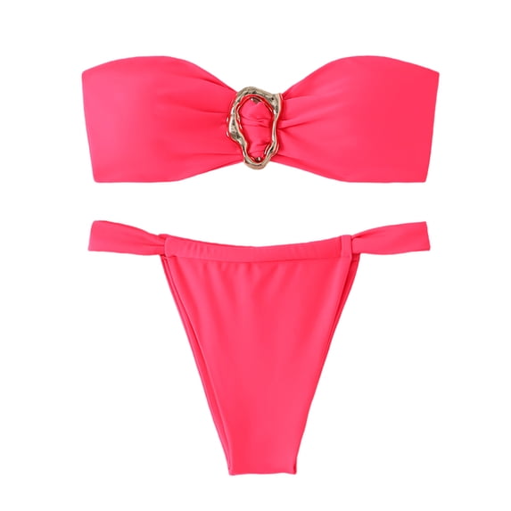 Women's 2 Piece Solid Color Strapless Swimsuit Metal Ring High Cut Thong Ruched Bandeau Bikini Set Hot Pink