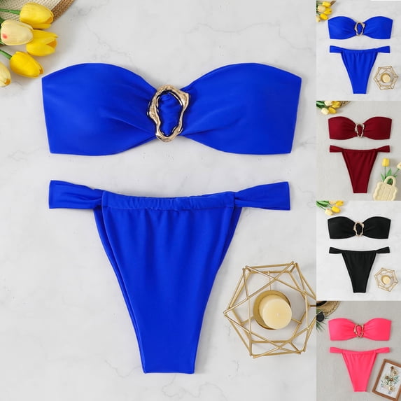 Women's 2 Piece Solid Color Strapless Swimsuit Metal Ring High Cut Thong Ruched Bandeau Bikini Set Wine