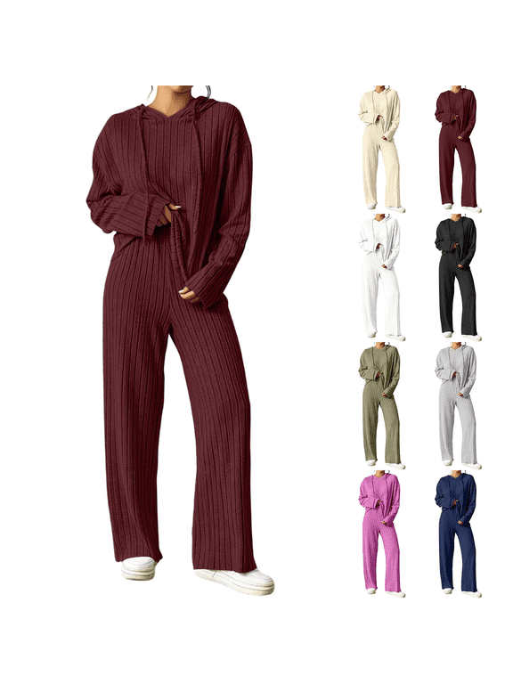 Women's 2 Piece Solid Color Sweatsuit Ribbed Knit Outfits Set Casual Long Sleeved Pullover with Drawstring and Wide Leg Pants