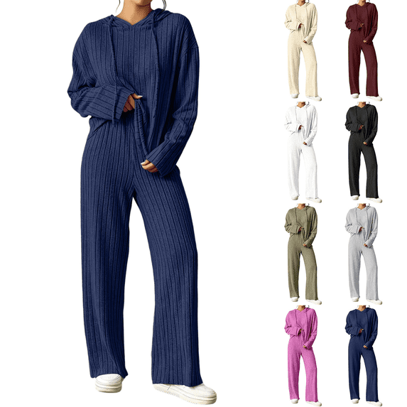 Women's 2 Piece Solid Color Sweatsuit Ribbed Knit Outfits Set Casual Long Sleeved Pullover with Drawstring and Wide Leg Pants