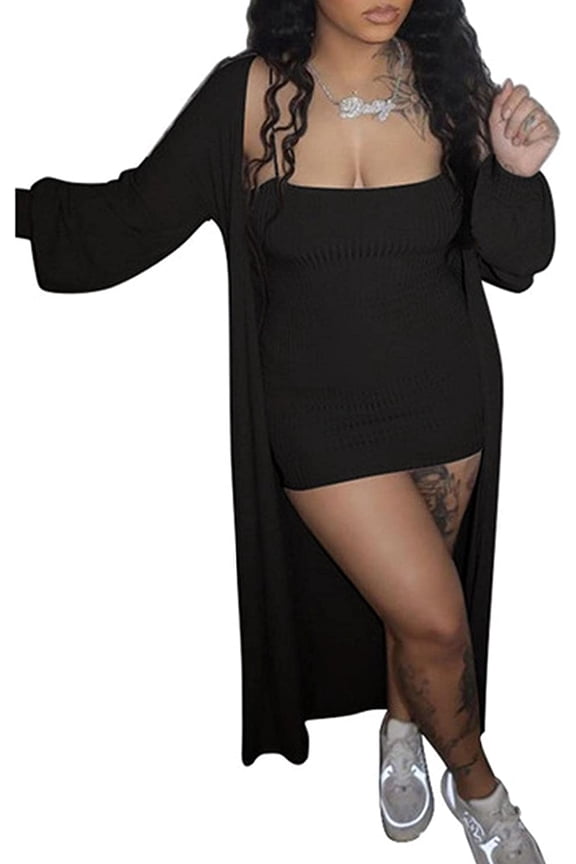 Women's 2 Piece Solid Outfits Tube top Bodycon Mini Dress and Long Sleeve Overcoat Casual Outfit for Women