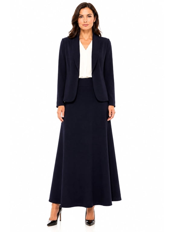 MOA Collection Open Front Blazer, Maxi Flared Skirt, Solid Print, 2-Piece Set, Women's