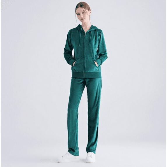 Women's 2 Piece Solid Velvet Tracksuit Set Full Zip-up Hooded Sweatshirts & Pants Set
