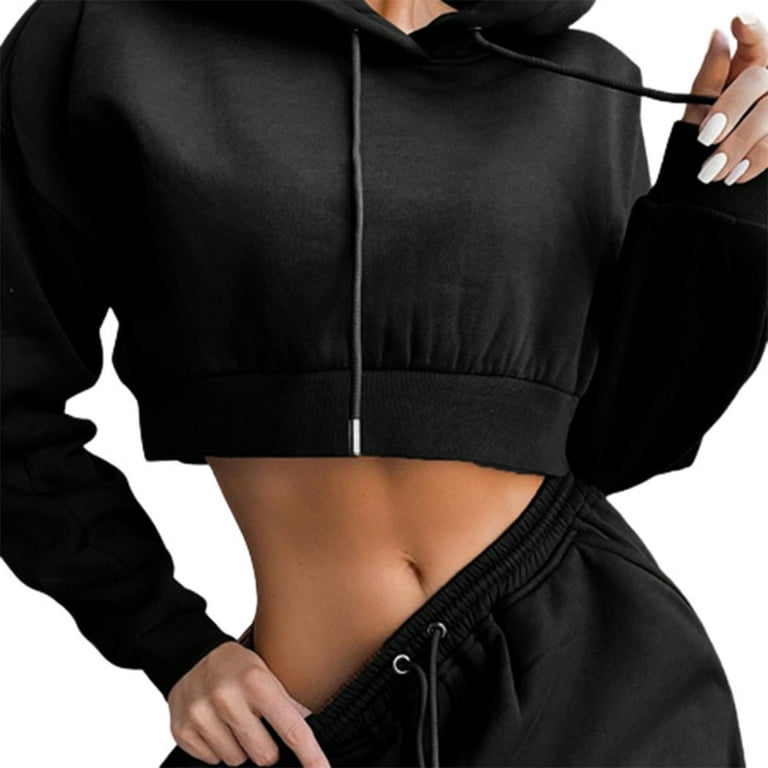 Women's 2-Piece Sports Outfit Open Navel Hoodie Tops & Joggers Pants Solid  Color(Black,XL)