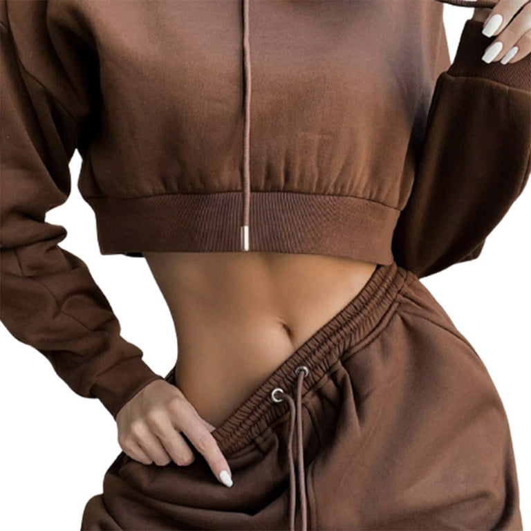 Women's 2-Piece Sports Outfit Open Navel Hoodie Tops & Joggers Pants Solid  Color(Coffee,XL)