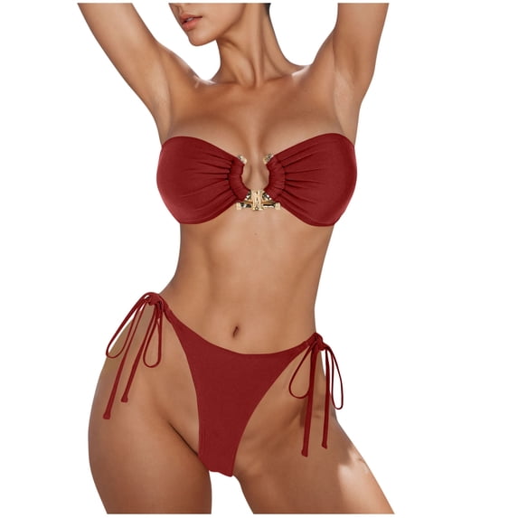 Women's 2 Piece Strapless Bandeau Bikini Set U-Wire Cheeky Bathing Suit Lace up Swimsuit Sets High Cut