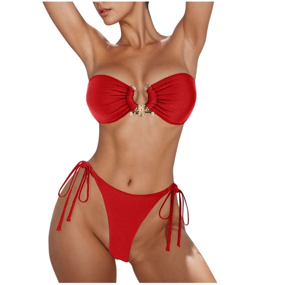 Women's 2 Piece Strapless Bandeau Bikini Set U-Wire Cheeky Bathing Suit Lace up Swimsuit Sets High Cut