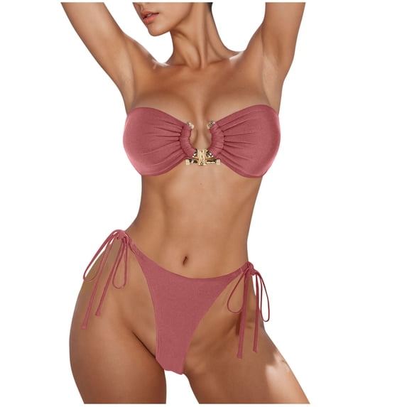Women's 2 Piece Strapless Bandeau Bikini Set U-Wire Cheeky Bathing Suit Lace up Swimsuit Sets High Cut