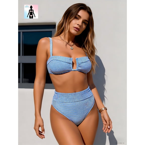 Women's 2-Piece Striped High Waisted Bikini Set Notch Neck Swimsuit