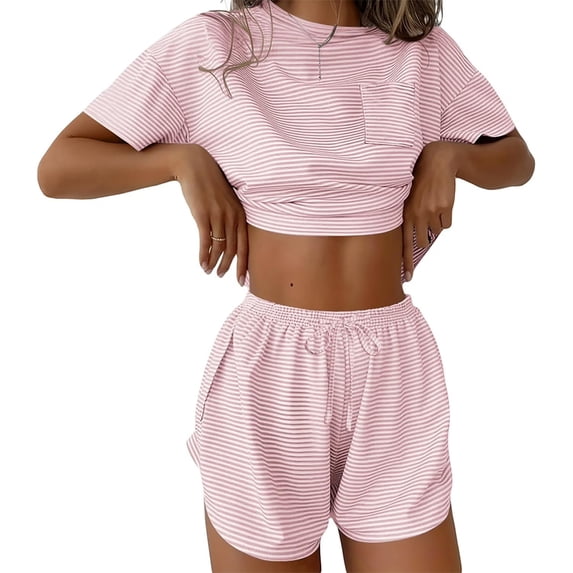 Women's 2-Piece Striped Short Sleeve Crop Tops & Shorts Set - Casual Loose Fit Outfit with Multiple Colors for Summer & Daily Wear