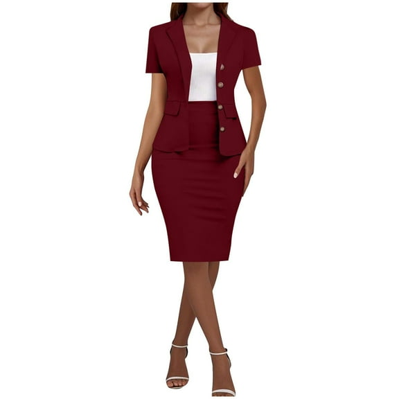 Women's 2 Piece Suit Skirt Set Business Casual Short Sleeve Blazer and Pencil Skirt for Work Office